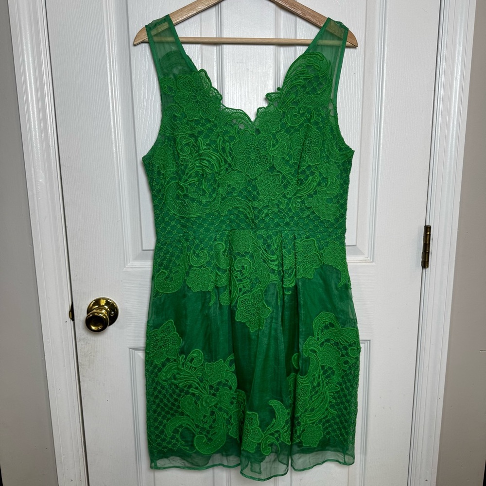 Anthropologie Baraschi Green Silk Embroidered Lace Dress Size 12 Sheer Overlay